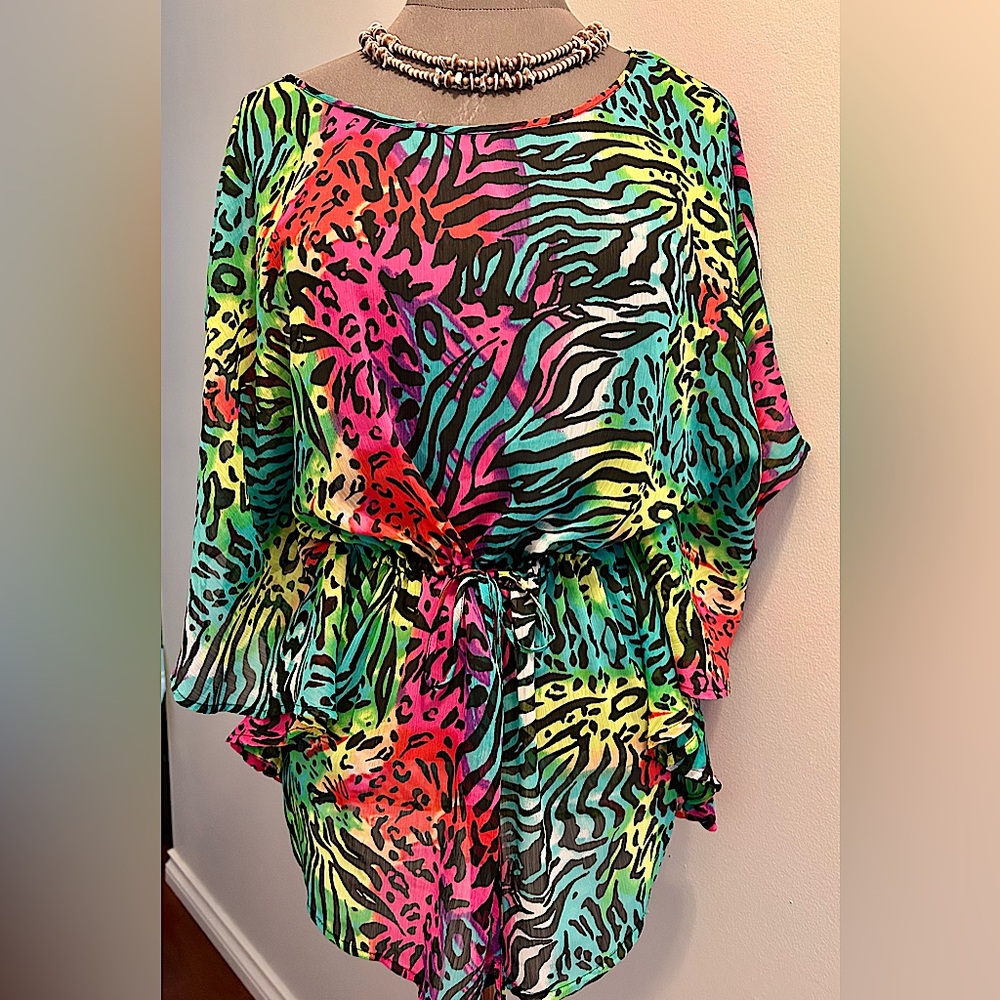 Vibrant Multicolor Animal Print Sheer Dress Cover Up